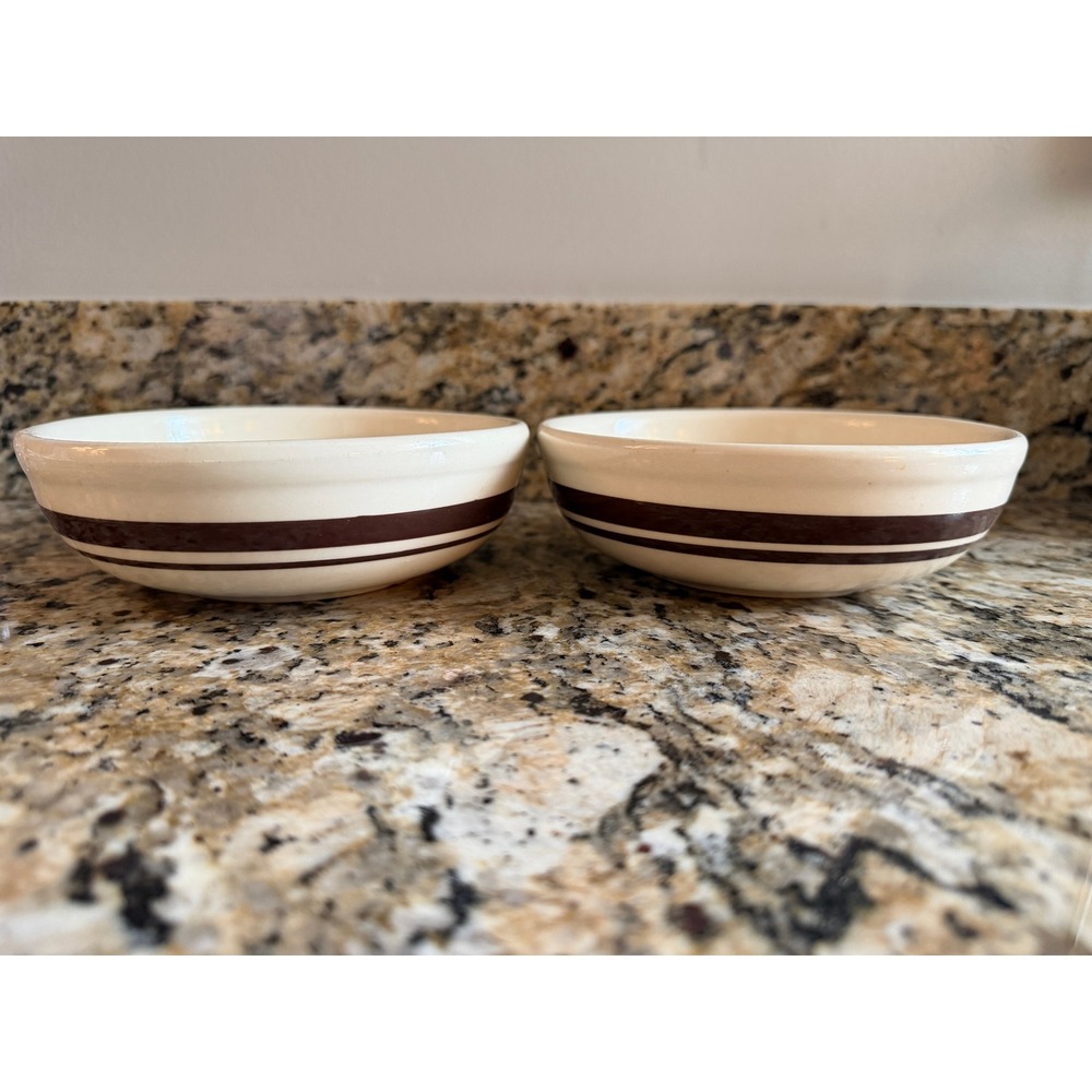 McCoy Pottery 1413 Brown Stripe Cereal Soup Bowls Cream Set of 2 USA Vintage